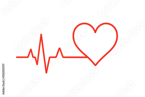 Heartbeat line with heart shape. Red heart rhythm, ECG cardiogram. Love, health concept. Medical pulse rate symbol. Vector one-line drawing for cardiology, healthcare.