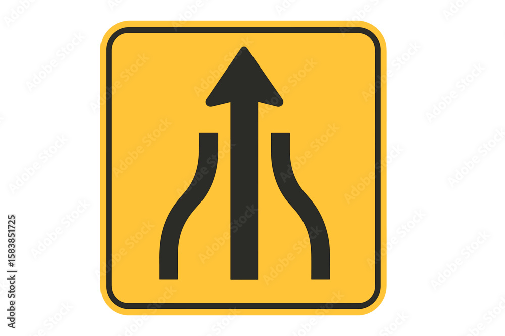 Divided highway starts road sign vector illustration, road divider beginning symbol, two-way to one-way traffic transition sign, transparent PNG and editable vector graphic