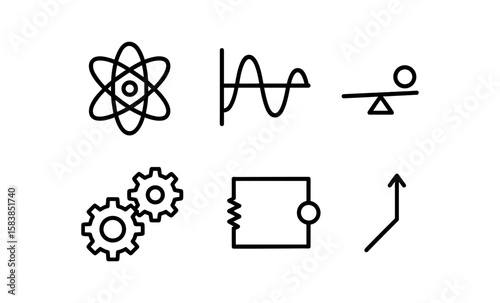 Minimalist physics and engineering icons set with scientific symbols