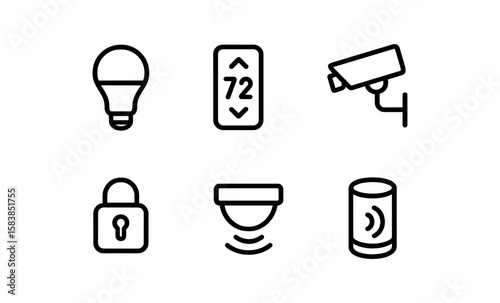 Smart home icons: minimalist set featuring lighting, security, and automation