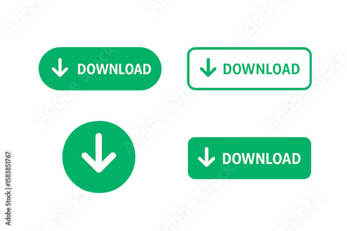 Modern Download Button Icon Set – Green Vector Collection with Arrow Symbols, Rounded and Rectangular Shapes, Transparent Background, Web and App UI Elements, Isolated Clipart
