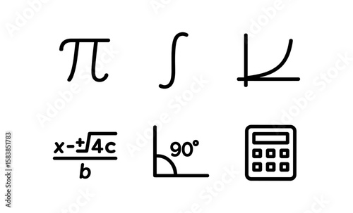 Mathematical symbols and calculator icons in grayscale set
