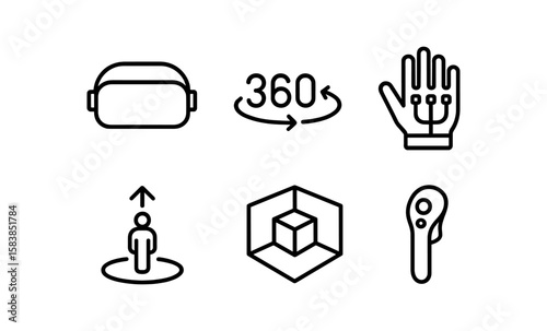 Curved neon virtual reality icons with glowing effect on dark background