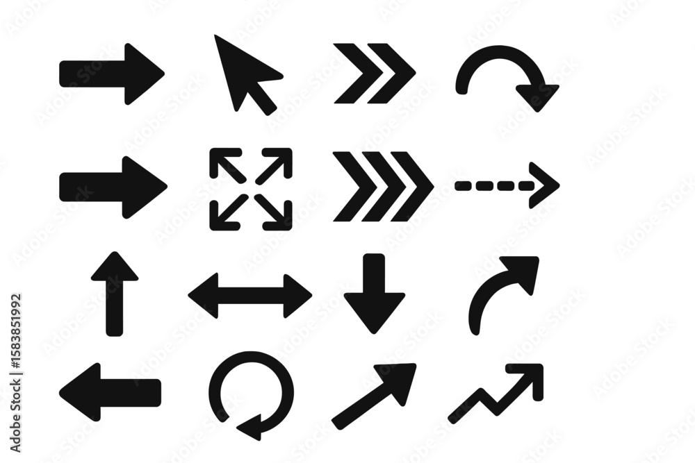 Big set of black vector arrows. Collection of different arrow icons. Modern simple cursors and pointers for web design, navigation, mobile app, UI and UX.