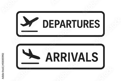 Airport signs for arrivals and departures. Vector icons set with airplane landing and takeoff symbols. Travel and transportation concept for flight information display.