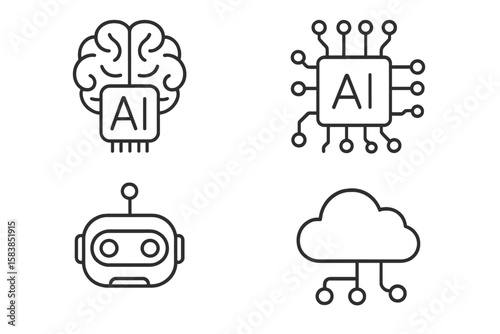AI line icon set for web and mobile. Artificial intelligence, machine learning, and algorithm concepts. Includes digital brain, smart robot head, and cloud computing symbols.