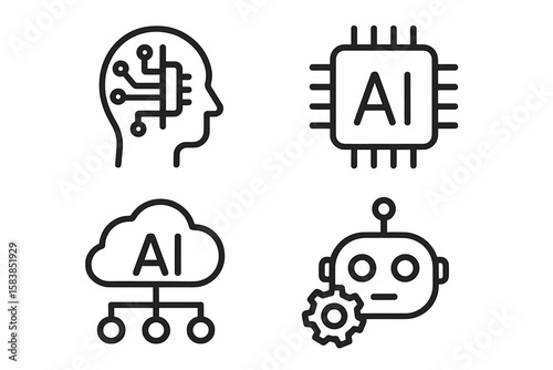Artificial intelligence icons. AI technology thin line icon set for web and mobile. Machine learning, digital brain, cloud computing, smart bot, and algorithm symbols.
