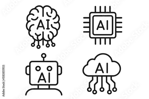 Artificial intelligence line icon set. AI technology for web and mobile. Vector icons of smart brain, processor chip, machine learning robot, and cloud computing algorithm.