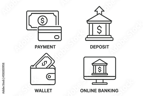 Bank icons set in thin line style. Finance and money linear icon collection. Payment with credit card, bank deposit for savings, wallet with cash, online banking symbol.