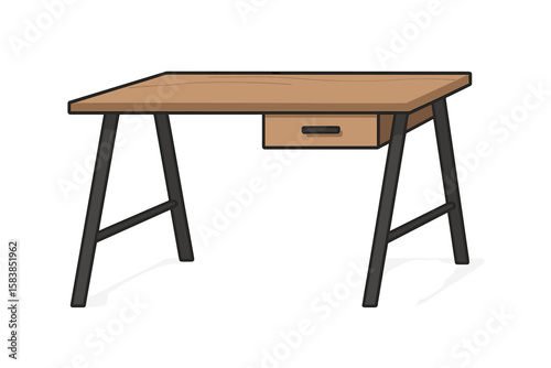 Modern Home Office Desk with Drawer, Minimalist Wooden Table, Black Metal Legs, Workspace Furniture, Vector Illustration, Transparent Background, Contemporary Interior Design