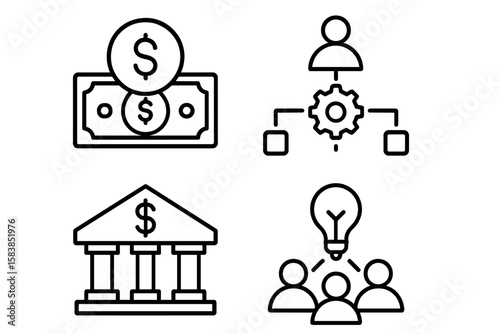 Business and finance line icon set. Vector symbols for money, banking, teamwork idea, and process management. Thin line pictograms for web design, payment, and strategy.