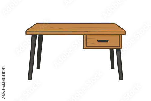 Modern Wooden Office Desk with Drawer, Minimalist Home Workspace Table, Black Metal Legs, Professional Study Furniture, Vector Illustration, Transparent Background, Interior Design Concept