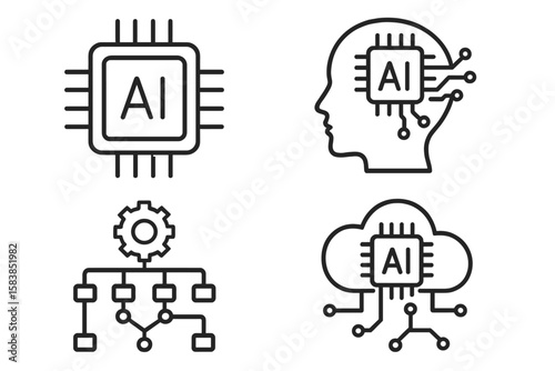 Artificial intelligence icon set. AI technology, machine learning, deep learning, neural network, algorithm, data science concepts. Editable stroke web and mobile app icons.