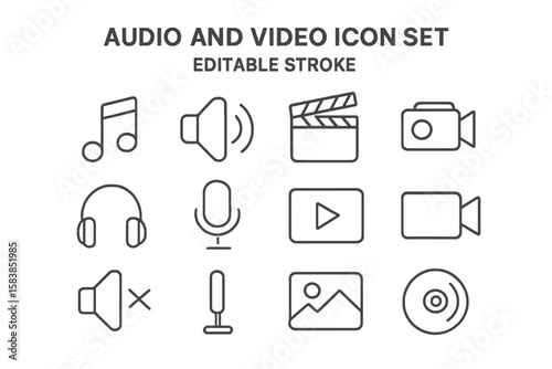 Audio and video thin line icon set. Music, media player, camera, microphone vector symbols. UI, UX and web design linear outline elements with editable stroke.