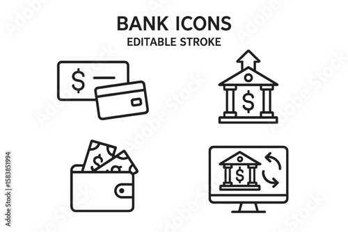Bank icons set in thin line style. Finance and money linear icon collection. Vector symbols for payment, deposit, wallet, online banking, loan, investment. Editable stroke.