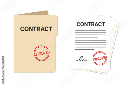 Contract papers and folder with approved stamp. Signed agreement document stack. Business deal paperwork. Legal document with signature. Vector illustration concept isolated.