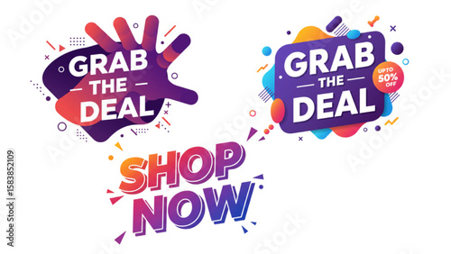 Dynamic promo signs showcase offers for sales and shopping with attention grabbing designs, ready for use on marketing material.