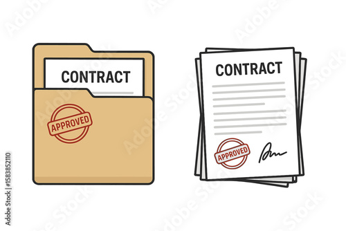 Contract papers and document folder icon. Stack of agreements with signature and approved stamp. Business deal paperwork. Legal document signed and approved. Vector.