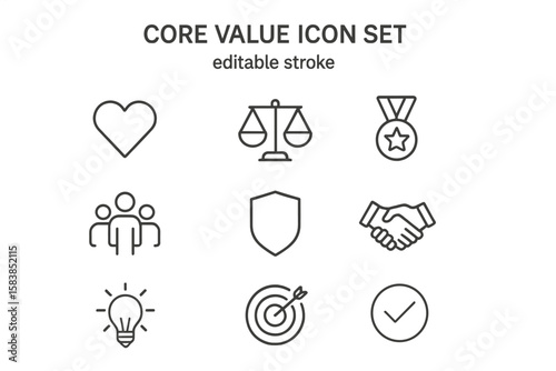 Core values icon set. Business ethics and principles symbols. Thin line vector icons for mission, vision, and integrity. Includes passion, teamwork, quality, and trust concepts.