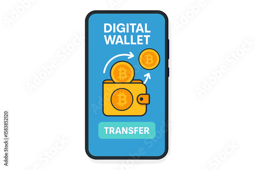 Crypto wallet app on mobile phone for cryptocurrency transaction. Digital bitcoin wallet technology for blockchain finance. Online money transfer and payment concept.