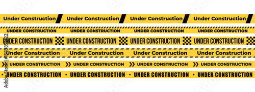 Under construction yellow warning tape safety stripe. Caution barrier stripe for safety zone, blocked area, website page, road work, site maintenance, redesign progress. Vector illustration.
