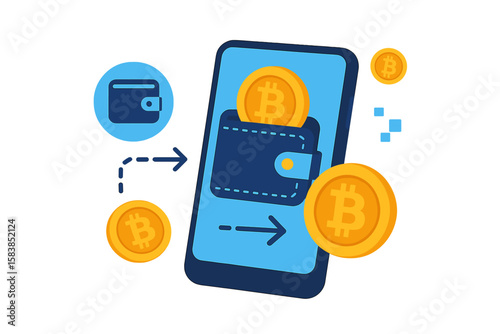 Cryptocurrency transaction with mobile phone. Digital bitcoin wallet technology for crypto payment and transfer. Blockchain finance concept with smartphone and coins vector.