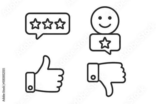 Customer satisfaction icon set. Feedback and review thin line icons. Contains like, dislike, star rating, and client experience symbols for web and mobile app UI design.