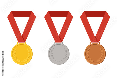 Gold, silver, and bronze medal set with red ribbons, award medals vector illustration for graphic design, apps, websites, transparent background, sports achievement, prize icons