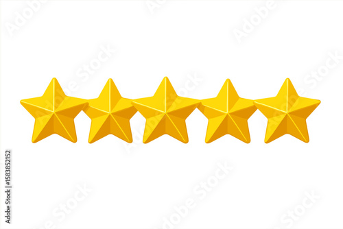 Golden five-star rating 3D shiny stars symbolizing best quality, premium product and service review, high customer satisfaction, transparent background, vector illustration for branding
