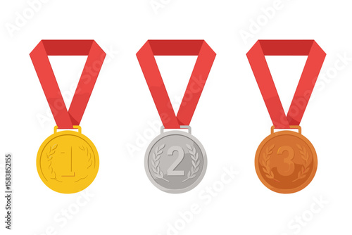 Gold Silver Bronze Winner Medals Set. Realistic 1st 2nd 3rd Place Awards. Vector Red Ribbon Sports Ceremony Prizes. Isolated Transparent Background. Competition Achievement Collection