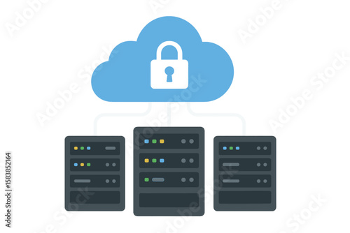 Cloud data storage and hosting servers connected to a secure network. Online cloud computing and information transfer technology concept. Data center server cabinets and protection.