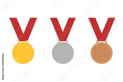 Gold, Silver, and Bronze Medal Set with Red Ribbon. Award Medals Collection for Sports, Achievement, Competition, Winner. Vector Illustration on Transparent Background for Design, Apps, Websites