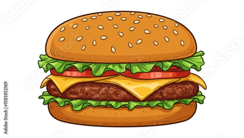 Delicious cartoon hamburger graphic featuring fresh toppings perfect for fast food restaurant menus or foodie designs.