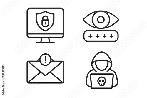 Cyber security outline icon set. Hacker, phishing email, password protection, and data privacy symbols. Internet safety, network defense, and cybercrime vector icons.