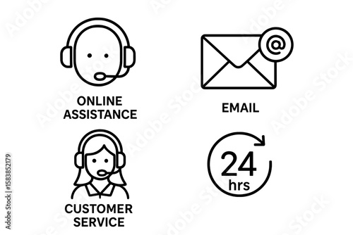 Customer service and support icon set. Line style web icons for contact us page, online assistance, and help desk. Vector symbols for call center, email, and 24/7 support.