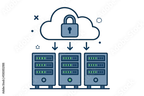 Cloud data storage and secure hosting concept. Server racks in a data center connected to an online network for information transfer and backup. Flat vector illustration.