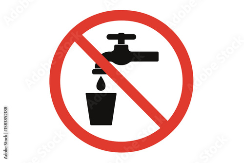 No Drinking Water Sign, Non-Potable Water Warning, Tap Water Prohibited Icon, Safety Symbol with Red Circle and Slash, Transparent Vector Graphic