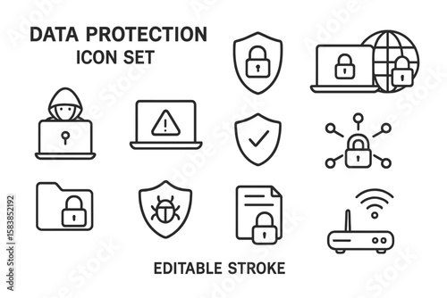 Data protection and cybersecurity icon set. Linear style vector symbols for internet safety, network security, computer hacking, online privacy, virus, malware protection.