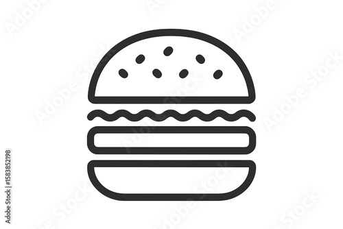 Minimalist Burger Icon Vector, Fast Food Hamburger Outline, Simple Black Line Art Sandwich Symbol, Modern Restaurant Logo, Isolated Transparent Background, Food Delivery, Snack Bar Graphic