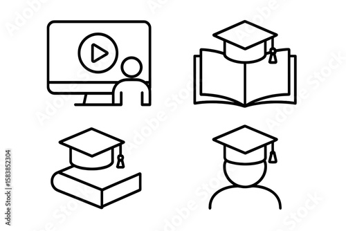 Education icon set in thin line style. E-learning, online course, webinar, video tutorial concepts. Graduate cap, student, book symbols for web and mobile app design.