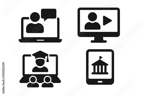 E-learning icon set for web and mobile app design. Online education, distance learning, video tutorial, webinar, and online university concepts. Solid glyph vector icons.
