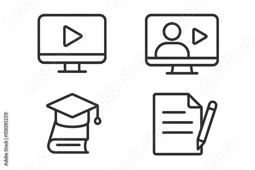 E-learning line icon set for online education. Webinar, video tutorial, knowledge, study symbols. School, university concepts for web and mobile app design. Editable stroke.