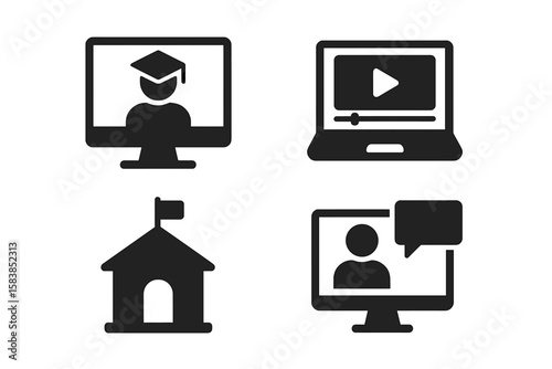 E-learning education icon set. Online training course. Distance learning webinar. Video tutorial lecture. School university. Student graduation. Web and mobile app icons.