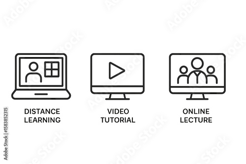 E-learning web icon set in thin line style. Online education symbols for digital media, web, and mobile app. Icons for distance learning, video tutorial, online lecture.