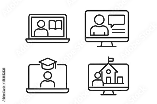 E-learning icon set in thin line style. Online education and distance learning concept. Icons for video tutorial, webinar, online course, digital graduation, virtual school.