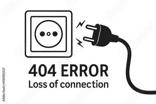 404 error page not found concept. Loss of connection, website offline banner. Unplugged electric plug and socket icon. Disconnected, internet problem vector illustration.