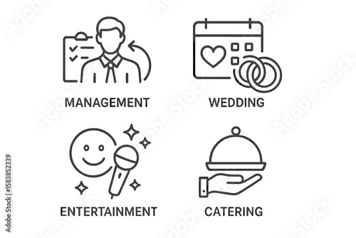 Event planning and management services icon set. Thin line vector pictograms for wedding organization, party entertainment, and food catering for web and mobile apps.
