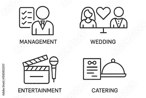 Event planning icon set. Thin line icons for event organisation, management, wedding, entertainment, catering. Linear style pictograms for web and mobile app UI design.