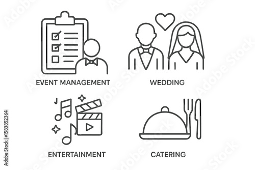 Event planning linear icons set. Event organisation symbols for web and mobile. Thin line pictograms collection with wedding, catering, entertainment, and management concepts.