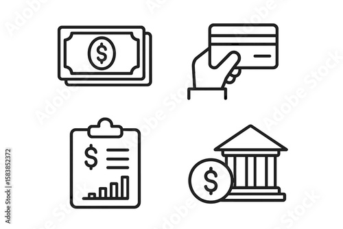 Finance icons set. Money, payment, banking, investment symbols. Line art financial report, credit card, cash, bank. Outline vector pictograms for web, mobile app.